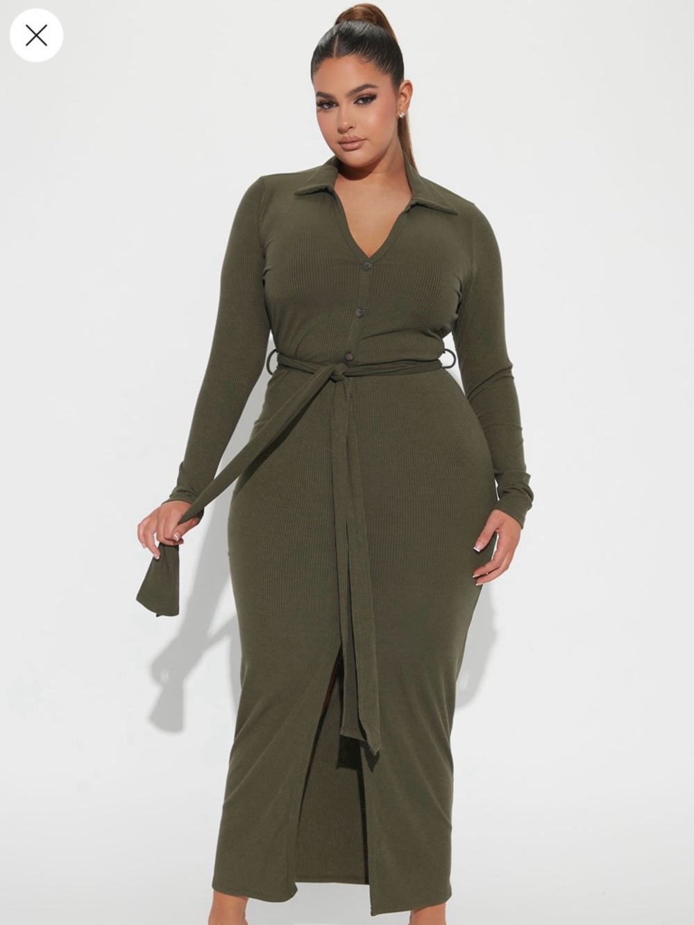 Olive Green Ribbed Midi Dress with Front Slit
